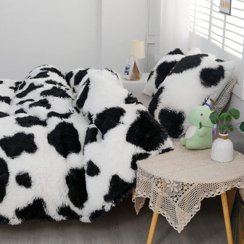 chovy Faux Fur Tie-Dyed Cow Print Black White Comforter Sets Queen - 3PC Bed Set Ultra Soft Plush Flannel Velvet Fluffy Fuzzy Bedding(Comforter x 1 Pillowcases x 2) - Image 3